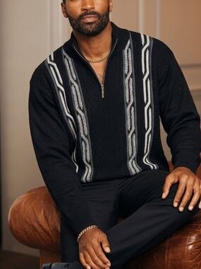 NEW Stacy Adams 1/4 Zip Cable Sweater Men's Mock Neck Knit Stripes Sz XXL black